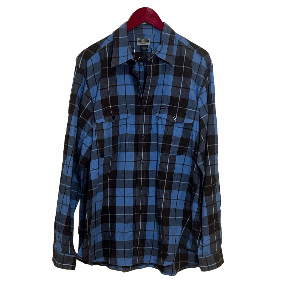 GUESS Blue and Brown Plaid checkered Button-Up long sleeve men’s flannel Shirt